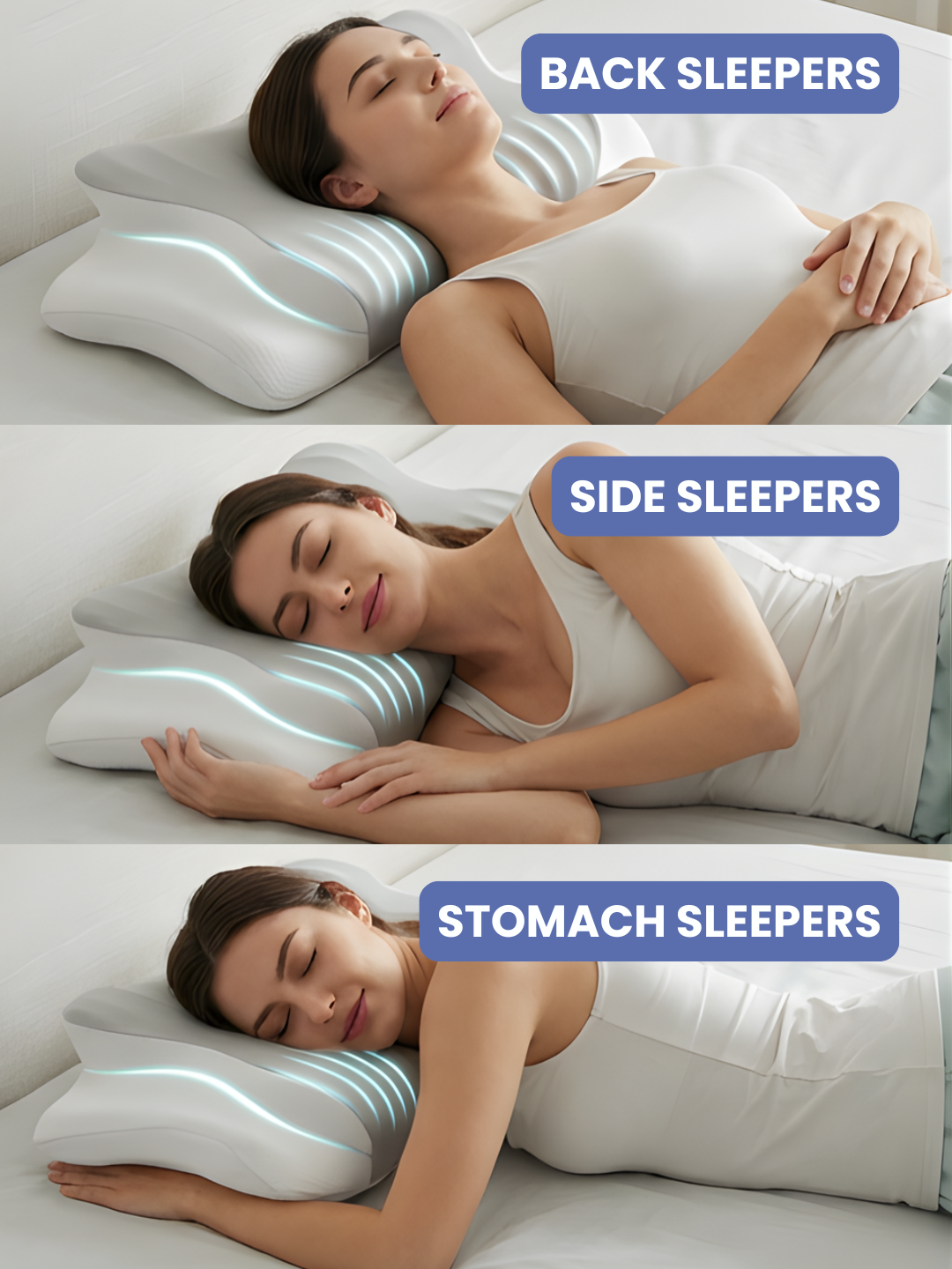 Better Sleep Pillow supporting back, stomach, and side sleepers